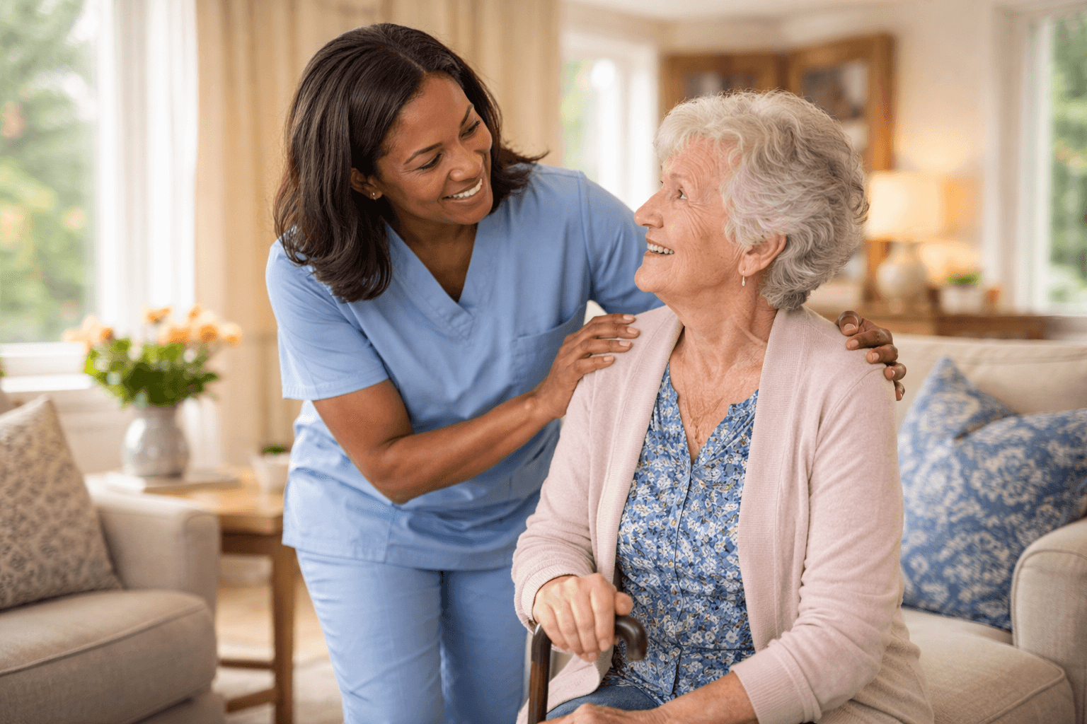 Caregiver supporting a resident in a welcoming home environment