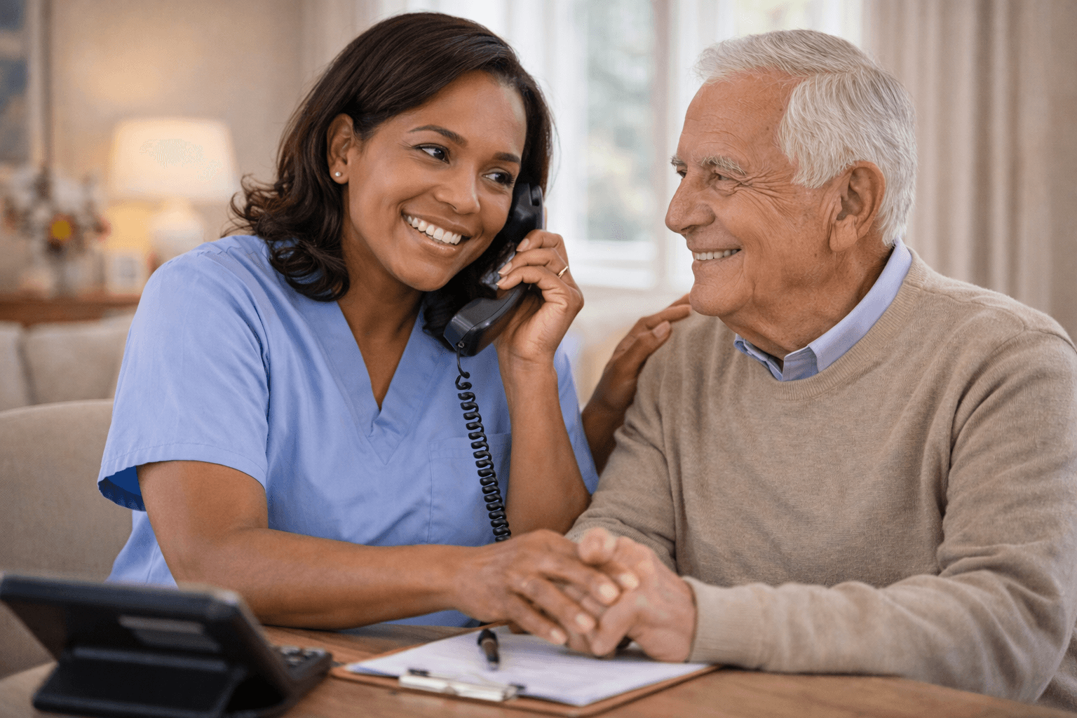 Care support call with caregiver and resident